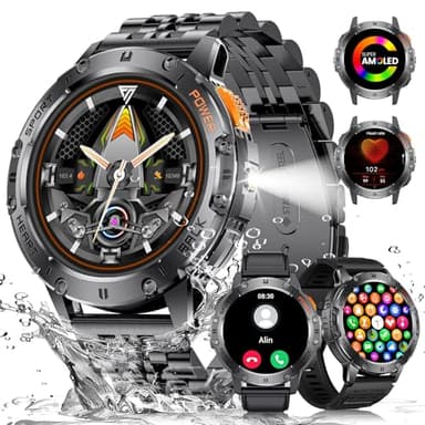 ESFOE Orologio Smartwatch Uomo con Torcia LED,1,43'' AMOLED Militari Smart Watch con impermeabile 5ATM,530 mAh Fitness Tracker Contapassi 120+ Modalità Sport robusto orologio con Chiamate(3 cinturini)
