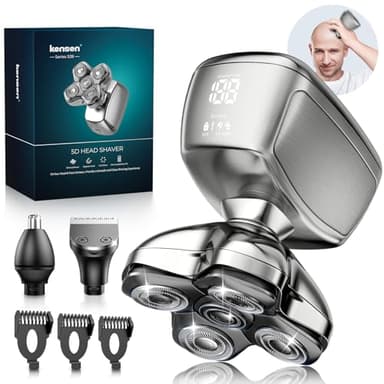 kensen Rasoio Elettrico Testa Calva Uomo Rasoio Testa Calva Impermeabile 5D Rasoio Capelli Uomo 0 mm Wet & Dry Rasoio Elettrico Barba 120 Min con Rasoio Naso e Orecchie & Pettine Limitatore(3/5/7mm)