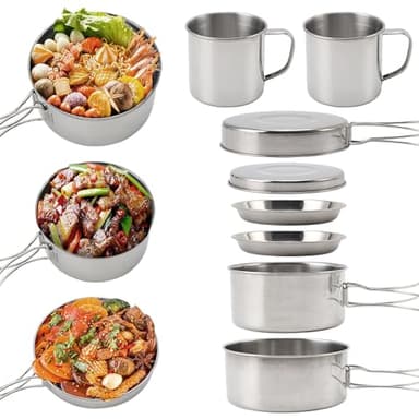 Gevvnss Set di 8 Pezzi Gavetta Scout,Set Pentole Campeggio in Acciaio Inox,Set Piatti Campeggio con Padella,Piatti,Tazze,Coperchio per 3-4 Person,per Escursioni,Picnic,Barbecue,Argento
