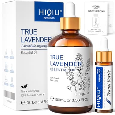 HIQILI 100ml Olio Essenziale Lavanda - 100% Puri Non Diluiti, Grado Terapeutico per Diffusore Aromaterapico in Camera, Allevia Lo Stress, Migliora La Qualità Del Sonno | Con Contagocce in Vetro