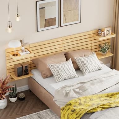 MSFE Spalliera Letto Una Piazza e Mezza,Testiera in Doghe 240 * 62cm e Ripiani Design Industriale,Testiera da Parete in Legno Pino,Bed Heaboard Testiera da Parete,Decorazione per Camera da Letto
