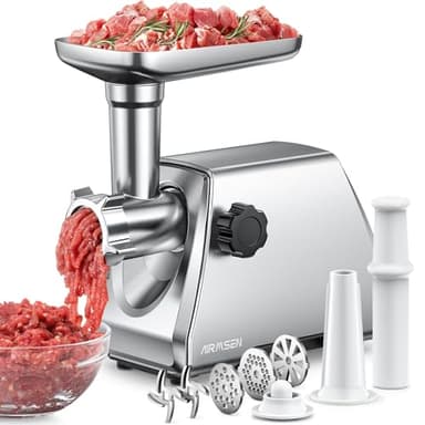 AIRMSEN Tritacarne Elettrico Professionale 2 Lame Acciaio Inox 3 Griglie & Accessori Salsicce Kubbe Motore Silenzioso Pulizia Facile Ideale per Casa (Piccolo)