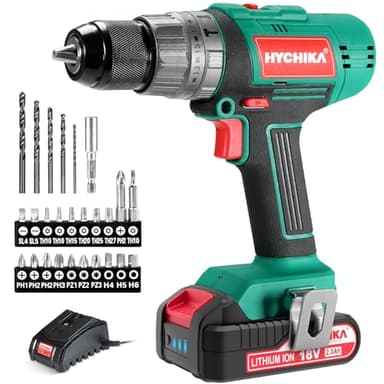 HYCHIKA Trapano Avvitatore Batteria 18V, Trapano a percussione 45 Nm, Batteria 2,0 Ah, 27 accessori, Ricarica rapida 1 ora, Coppia 21+3, 2 velocità, con illuminazione LED, per riparazioni domestiche