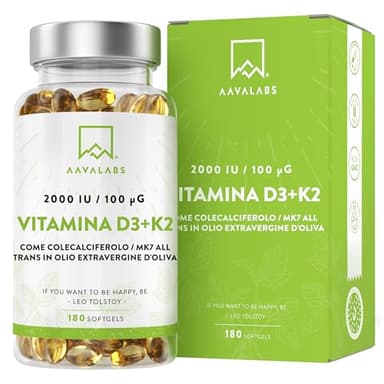 Vitamina D3 K2 Alto Assorbimento Olio Extraverg.d'Oliva - Vitamina D3 2000 UI + Vitamina K2 MK7 100 μg - Vitamina D 2000 UI e Vitamina K - 180 Capsule