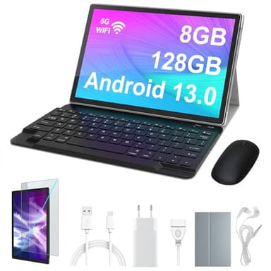 BITSMART Tablet 10 pollici Android 13 4G LTE SIM/WiFi 5G + BT / 8 GB RAM 128 GB ROM/include Mouse, Tastiera, Auricolari, Cover Protettiva, Pellicola/Nero Galaxy/NAVIGA E TELEFONA/OFFERTA LANCIO