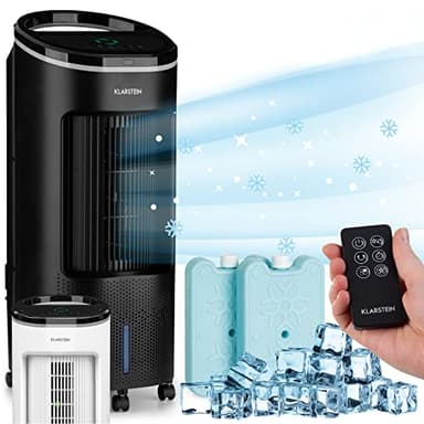 Klarstein Condizionatore Portatile Senza Tubo 65W, 4in1, Umidificatore, Climatizzatore Portatile Silenzioso con Night Mode, Ventilatore Aria Fredda, Raffrescatore d’Aria 330m³/h, Serbatoio da 7L
