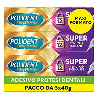 Polident Super Tenuta e Sigillante, Adesivo per Protesi Dentale, 12 Ore di Tenuta Giornaliera, Limita le Infiltrazioni di Cibo, Gusto Neutro, Pacco 3x40g
