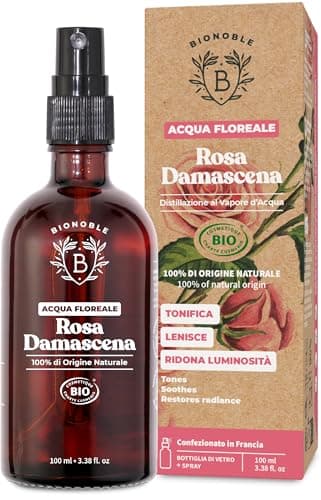 Bionoble Acqua di Rose Bio 100ml - Idrolato di Rosa Damascena 100% Puro e Naturale - Viso, Contorno Occhi, Corpo, Capelli - Rose Water - Bottiglia di Vetro + Spray