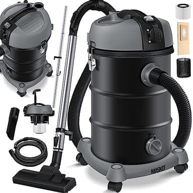 MASKO® Aspirapolvere industriale, in acciaio inox, 2300 W + presa di corrente, aspirazione a secco e a umido, funzione di soffiaggio, Push&Clean, con e senza sacchetto, Antracite