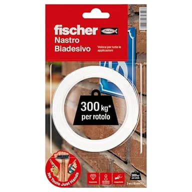 Fischer 3 Metri Nastro Biadesivo Trasparente di Montaggio a Muro, Fino a 300 kg per Rotolo, Interni/Esterni, Fissaggio di Specchi, Cornici, Prese Elettriche, Etc.