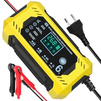 TIPOW Caricabatterie Auto, Carica Batteria per Auto di Carica 6A/12V Multi Protezioni di Carica Automatico Caricatore Intelligente, Mantenitore Batteria Moto con Schermo LCD Touch Screen