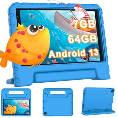 Tablet Bambini 8 Pollici Android 13, 7GB RAM 64GB ROM 1TB Espandibile, WiFi 6 BT 5.0, 5MP+2MP, 3600mAh, 1280*800, GPS, Controllo Parentale, Apprendimento Educazione, Tablet PC con Custodia, Blu