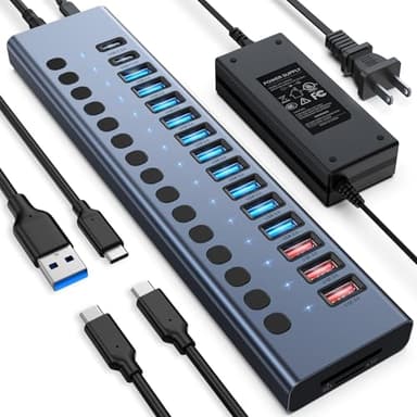 Hub USB 3.0 con 17 porte (7 porte USB 3.0+3 porte di ricarica 2.4A+3 porte USB 2.0+2 porte USB-C 3.0+lettore di schede SD/TF), Switch on-off, adattatore di alimentazione 90W