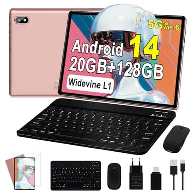 Tablet 10 Pollici Tablet Android 14 con 20GB RAM+128GB ROM (TF 1TB), 5G WiFi 6, Octa-Core, GMS, Bluetooth 5, 5MP + 8MP, 1280 * 800 FHD, 2025 Newest Tablet Widevine L1, Tablet con Tastiera e Mouse,Rosa