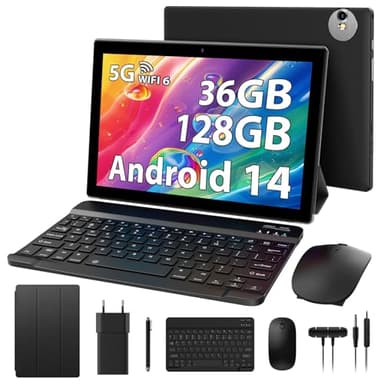 RUSHAR Newest Tablet 10 Pollici Android 14 con 5G WIFI 6,36GB RAM+128GB ROM (1TB TF),2.0Ghz,8000mAh,Dual Camera,8MP+5MP,Bluetooth,Tablet in offerta con Tastiera,Nero