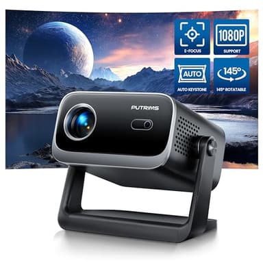 【E-Focus/Auto Keystone】Mini Proiettore 1080P Full HD Support, Portatile Videoproiettore Wifi Bluetooth con Base Ruotabile di 145°, Zoom 100%-50%, Macchina Ottica Chiusa Antipolvere per Home Cinema