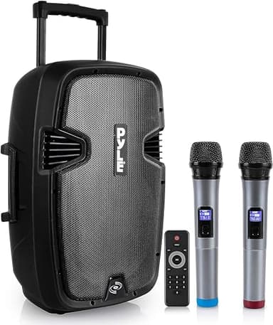 Pyle Cassa Bluetooth Portatile 1600 Watt, Karaoke Speaker, Batteria Ricaricabile, Ruote, Bluetooth USB/MP3/RCA, Radio FM, 2 Microfoni UHF, Telecomando