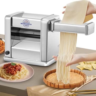 Moongiantgo Macchina per la Pasta Elettrica Tira Sfoglia Acciaio Inossidabile con 3 Lame da 2mm/4mm/6.5mm per Spaghetti, Fettuccine, Ravioli, 7 Grado di Spessore Regolabile per Uso Domestico (3Lame)