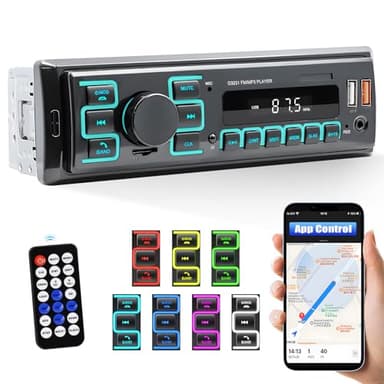 CAMECHO Autoradio Bluetooth 5.1 Vivavoce 1 Din, Autoradio con Vivavoce Bluetooth, 7 Luci Colori Bluetooth 1 Din Radio FM con Assistente vocale 2 USB AUX/SD + Lettore MP3 Telecomando + Controllo APP