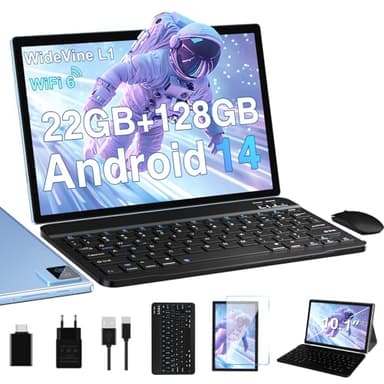 Biegedy Tablet 10 Pollici Tablets Android 14 Octa-Core 2.0 GHz, 22GB RAM+128GB ROM (1TB TF) 5G/2.4G WiFi 6, Widevine L1/GMS/Involucro in metallo/BT5.0/8000mAh/5+8MP, Tablet con Tastiera e Mouse - Blu
