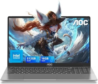 AOC 15.6'' PC Portatile, In-tel Alder Lake-N97 Fino a 3,6 GHz,Notebook Alta Gamma, 16GB RAM 512GB M.2 SSD(Fino a 2TB) Laptop Computer Guscio Metallico 2.4G/5G WiFi,BT5.2,USB3,2, HDMI,Tipo C,5000mAh
