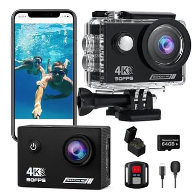 TIMNUT Action Cam 4K 30fps con 64G SD Card, 40M Fotocamera Subacquea HD WiFi 20MP Videocamera,170 ° Telecamera 4k con Stabilizzatore Telecamera Subacquea, 2 Batterie e Accessori di Montaggio