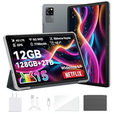 Blackview Tab60 Pro Tablet 10 Pollici (2025) Tablet Android 15, 12GB+128GB (TF 2TB), 5G Wi-Fi + 4G LTE, Octa Core T606, Batteria 7700mAh, Widevine L1/GMS/GPS/AI Camera, Tablet Pc con Custodia