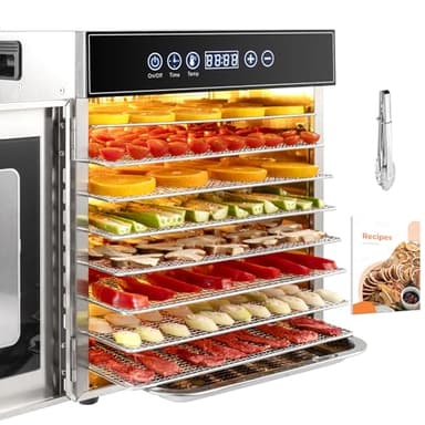 Kwasyo Essiccatore Alimentare Acciaio Inox, 8 Vassoi Con Display LCD, 24 ore Timer, 30-90°C Temperatura Regolabile,500W Essiccatore di Frutta e Verdura, Vassoi Lavabili in Lavastoviglie