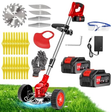 Decespugliatore a Batteria 21V Tagliabordi a Batteria, Tagliaerba Elettrico con 2 4.0Ah Batterie e 4 Tipi di Lame, Ruote Rimovibili, Decespugliatori da Giardino Altezza Regolabile per falciare prati