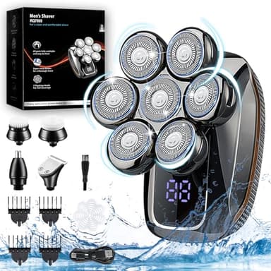 Rasoio Elettrico Barba, Rasoio Capelli Testa Calva Uomo 7D, Tagliacapelli Uomo 5 in 1 Kit Impermeabile, Wet & Dry 100% Lavabile, con 6 Testine Rotanti per Capelli Barba Naso Orecchie e Viso Pulito