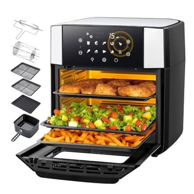 LLIVEKIT 15L Forno per Friggitrice ad Aria, 90% di Olio in Meno AirFryer, 10 in 1 Mini Forno per Friggitrice ad Aria in Acciaio Inox con Friggere, Griglia, Arrostir, 7 Accessori 1 Libro di Cucina