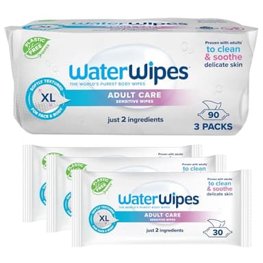 Salviette WaterWipes Adult Care Sensitive per il corpo e l'igiene intima, 90 salviette XL (3 confezioni), 99,9% acqua, per uso personale quotidiano
