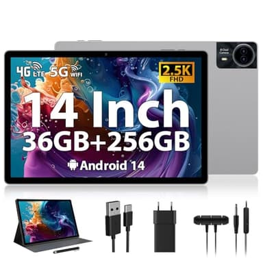 RUSHAR Newest Tablet 14 Pollici,Android 14 Tablet con 36GB RAM +256GB ROM (1TB TF),Tablet 4G LTE/SIM+5G WiFi,11580mAh|2240 * 1400HD|Octa-Core 2.0GHz|13MP+8MP|Face ID|BT 5.0,Tablet con Fondina,Silver