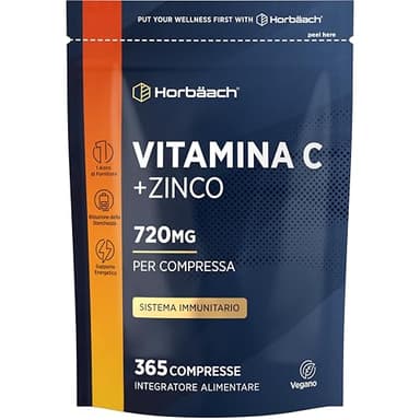 Vitamina C e Zinco 20mg | 365 Compresse Vegane per 1 Anno | Vitamina C Alto Dosaggio | Integratore Alimentare con Acido Ascorbico | di Horbaach