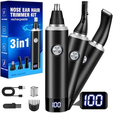 Tagliapeli Naso e Orecchie, Ricaricabile USB, 3-in-1 Taglia Capelli Naso Multifunzionale per Capelli del Naso, Barba, Sopracciglia e Capelli del Viso con Display della Carica della Batteria