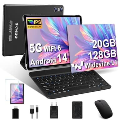 SKYEGG Tablet 10 Pollici Android 14, 20 GB RAM + 128 GB ROM(Espandibile Fino a 1 TB), Octa-Core, 5G Wi-Fi 6, 8MP + 5MP, 6000mAh, GPS, Widevine L1, USB-C Tablet con Tastiera + Mouse + Custodia, Nero
