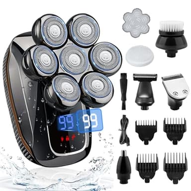Rasoio Testa Calva, Rasoio Elettrico Barba 6 in 1 Regolabarba Uomo, Rasoio Elettrico Corpo Uomo con 7 Testine Rotanti, Rasoio Testa IPX7 Impermeabile, per Capelli Barba Naso Orecchie e Viso Pulito