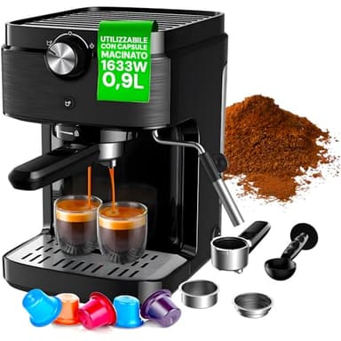 Avilia Macchina del Caffè per Macinato e Capsule Compatibili Nespresso con Ugello Vapore 1633W 20Bar di Pressione - Design Compatto ed Elegante con Serbatoio di 0,9L - 28x24,5x22,5cm