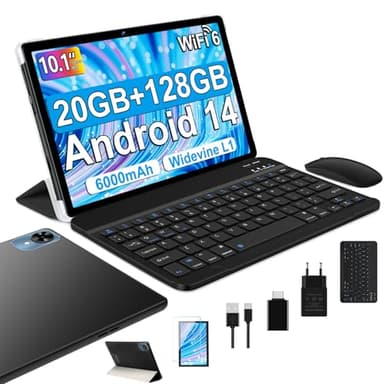 fezawio Android 14 tablet 10 pollici 20GB RAM + 128 GB ROM, otto core tablet WiFi 6, 6000mAh, (1TB TF) con tastiera e mouse + assicurazione di rottura dello schermo di un anno -(nero)