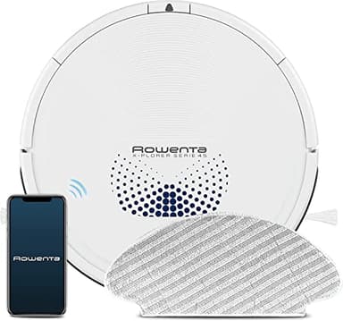 Rowenta RR8277 X-Plorer Serie 45 Robot Aspirapolvere Lavapavimenti, Aspira e Lava in una Passata, Autonomia 150 Min, 3 Modalità di Pulizia, Sistema Aqua Force, Compatibilità Assistenti Vocali, Bianco