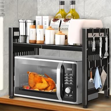 ZLPBAO Mensola Microonde Estensibile, Regolabile Due Livelli Microonde Scaffale, Scaffale Salvaspazio Acciaio Carbonio Ripiano Contatore Cucina Organizzatore Ripiani, Scaffale Cucina con 6 Ganci