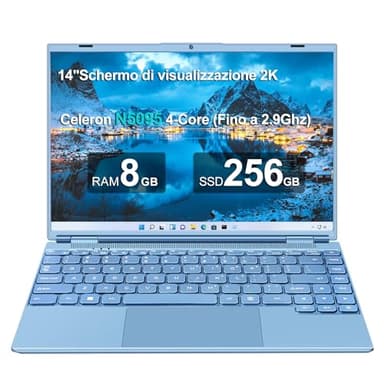 AOCWEI JSY PC Portatile Win11 Computer Portatile CPU N5095 2.9GHz, Laptop Notebook 14 Pollici 256GB SSD 1TB Estensioni丨5G WIFI Supporto丨Ventola Raffreddamento Schermo丨1920 * 1200 2K FHD-Blu