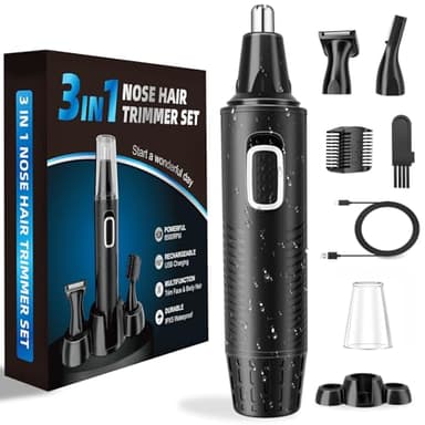 Tagliapeli Naso e Orecchie 3 in 1 Set Ricaricabile via USB, Tagliacapelli Professionale Indolore per Sopracciglia e Viso, Impermeabile, Adatto a Uomini e Donne, Nero