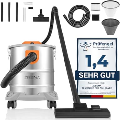 Zeegma ZONDER PRO ASH Aspirapolvere a secco per cenere e detriti, aspirapolvere industriale 1600 W, contenitore in acciaio inox 20 l, filtro HEPA, funzione di scarico cavo 5 m