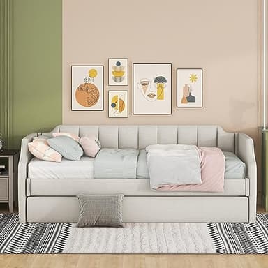 Moimhear Divano letto con letto singolo estraibile, imbottito, da 90 x 200 cm (190), beige