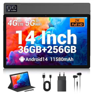 TIGERFU Tablet 14 Pollici, Android 14 Tablet con Sim, 36GB RAM+256GB ROM(TF 1TB), 4G LTE+5G/2.4G WiFi,Octa-Core,8MP+13MP,11580mAh, 1920*1200 FHD, Faccia ID, 4 Speakers, Tab con Penna/Custodia - Grigio