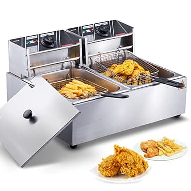 VEVOR Friggitrice Elettrica 8,6L Vasca Doppia Rimovibile 3000W in Acciaio Inossidabile Commerciale, Friggitrice a Olio Elettrica Temperatura Controllata 50°C - 200°C per Cucina Hotel Festa Carnevale