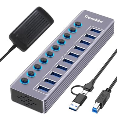 Tccmebius Hub USB 3.0 Alimentato, USB 3.0 / USB C a 10 Porte in Alluminio Trasmissione Dati 5Gbps, con Interruttore Indipendente LED, Adattatore di Alimentazione 12V/3A, 2-in-1 Cavo Dati(TCC-T310U)