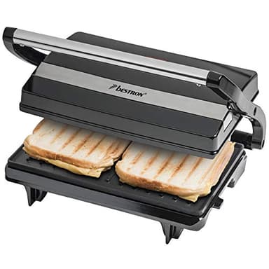 Bestron Piastra Tostapane, Griglia per panini con vassoio di raccolta, macchina per panini con impugnatura cool-touch e rivestimento antiaderente, 700 watt, Colore: Nero