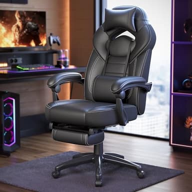 SONGMICS - Sedia da Gaming ergonomica - Sedia da Ufficio con poggiapiedi telescopico - Poggiatesta Regolabile - Supporto Lombare - Carico Massimo 150 kg - Nero - OBG077B01